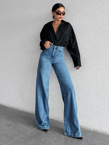 SHEIN Tall 女款時尚百搭口袋鈕扣寬鬆牛仔褲 夏季休閒正式 Y2K 商務鄉村牛仔女郎復古返校度假之夜 - 藍色 - 查看 3