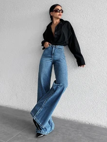 SHEIN Tall 女款時尚百搭口袋鈕扣寬鬆牛仔褲 夏季休閒正式 Y2K 商務鄉村牛仔女郎復古返校度假之夜 - 藍色 - 查看 4