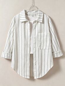 SHEIN Tween Girl Striped Lightweight Sun Protection Shirt, Spring & Summer,Holiday,Summer,Travel - White - View 6