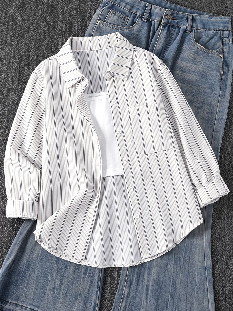 SHEIN Tween Girl Striped Lightweight Sun Protection Shirt, Spring & Summer,Holiday,Summer,Travel - White - View 1