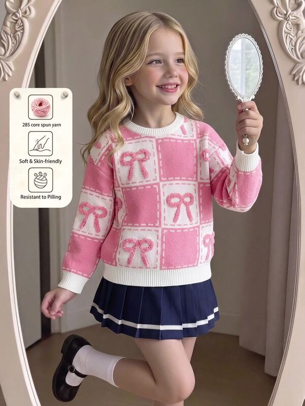 SHEIN Girls' Round-Neck Pullover Long-Sleeved Sweater In Cute Pink Made Of Artificial Mink Fur With A Ro