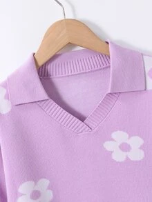 SHEIN 秋季冬季大童女孩紫色長袖花卉針織套頭衫，返校季，舒適柔軟，節慶穿搭聖誕休閒日常穿著 - 紫色 - 查看 3