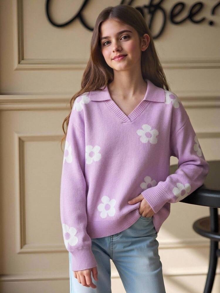 SHEIN Fall Clothes Winter Tween Girls Purple Long Sleeve Floral Sweater Pullover, Back To School, Warm Cozy, Festival Outfits Christmas Casual Daily Wear - Purple - View 1