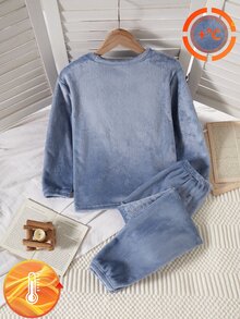 Set Pakaian Santai Atasan Lengan Panjang dan Celana Panjang Berbahan Fleece dengan Bordir Huruf untuk Anak Perempuan Remaja, Tebal, Berlapis Fleece, dan Tebal untuk Musim Gugur/Dingin - Biru - View 2
