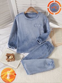 Set Pakaian Santai Atasan Lengan Panjang dan Celana Panjang Berbahan Fleece dengan Bordir Huruf untuk Anak Perempuan Remaja, Tebal, Berlapis Fleece, dan Tebal untuk Musim Gugur/Dingin - Biru - View 4