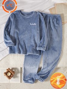 Set Pakaian Santai Atasan Lengan Panjang dan Celana Panjang Berbahan Fleece dengan Bordir Huruf untuk Anak Perempuan Remaja, Tebal, Berlapis Fleece, dan Tebal untuk Musim Gugur/Dingin - Biru - View 3