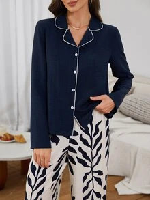 Serenescape Setelan 2 Potong Wanita Warna Polos, Atasan Lengan Panjang Kancing Depan Longgar dan Celana Motif Bunga, Pakaian Nyaman untuk Musim Gugur/Musim Dingin di Rumah & Liburan - Navy Blue - View 4