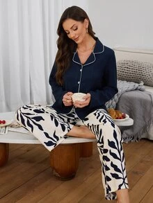Serenescape Setelan 2 Potong Wanita Warna Polos, Atasan Lengan Panjang Kancing Depan Longgar dan Celana Motif Bunga, Pakaian Nyaman untuk Musim Gugur/Musim Dingin di Rumah & Liburan - Navy Blue - View 6