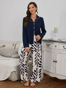 Serenescape Setelan 2 Potong Wanita Warna Polos, Atasan Lengan Panjang Kancing Depan Longgar dan Celana Motif Bunga, Pakaian Nyaman untuk Musim Gugur/Musim Dingin di Rumah & Liburan - Navy Blue - View 5