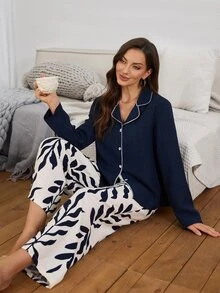 Serenescape Setelan 2 Potong Wanita Warna Polos, Atasan Lengan Panjang Kancing Depan Longgar dan Celana Motif Bunga, Pakaian Nyaman untuk Musim Gugur/Musim Dingin di Rumah & Liburan - Navy Blue - View 1
