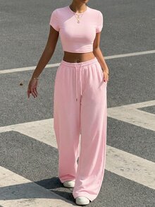 SHEIN EZwear 女士纯色圆领短袖露脐T恤和抽绳腰裤休闲套装，浅粉色阔腿裤，舒适两件套 - 淺粉色 - 查看 5