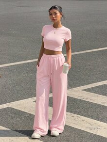 SHEIN EZwear 女士纯色圆领短袖露脐T恤和抽绳腰裤休闲套装，浅粉色阔腿裤，舒适两件套 - 淺粉色 - 查看 4