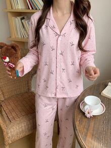 2件組女童休閒簡約可愛棕色圓點蝴蝶結印花長袖開襟衫與長褲居家睡衣，慵懶居家風，秋冬款 - 粉色 - 查看 3
