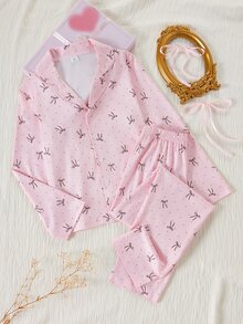2件組女童休閒簡約可愛棕色圓點蝴蝶結印花長袖開襟衫與長褲居家睡衣，慵懶居家風，秋冬款 - 粉色 - 查看 6
