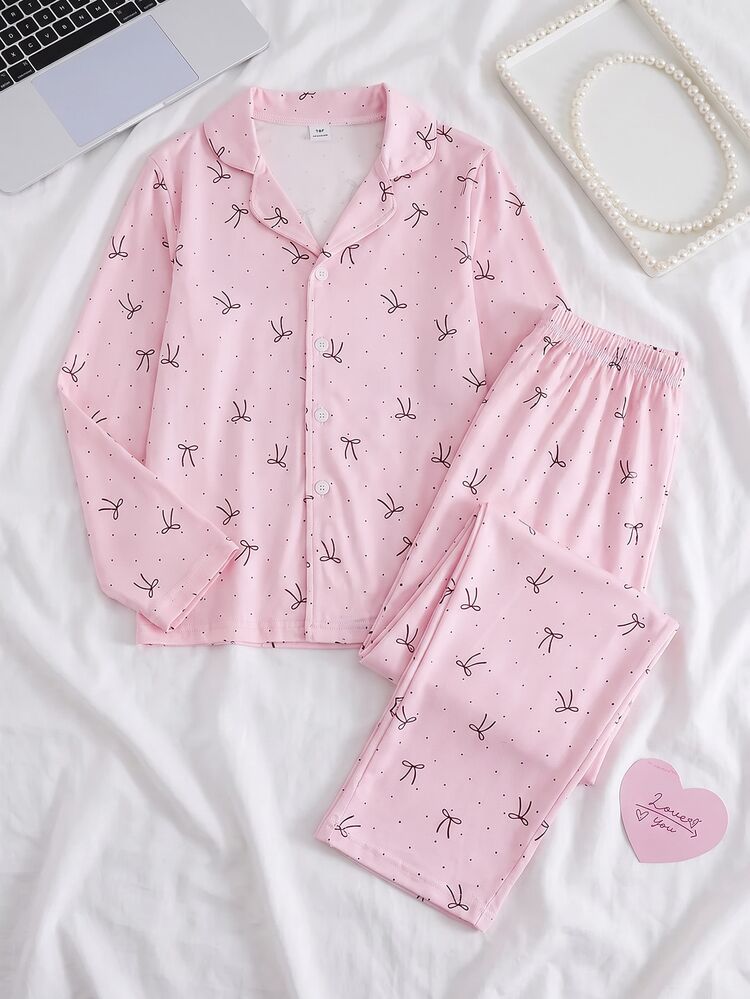 2pcs/Set Girls Casual Simple Cute Brown Polka Dot Bow Print Long Sleeve Cardigan And Pants Lounge Wear Pajamas, Lazy Home Style, Autumn/Winter - Pink - View 12
