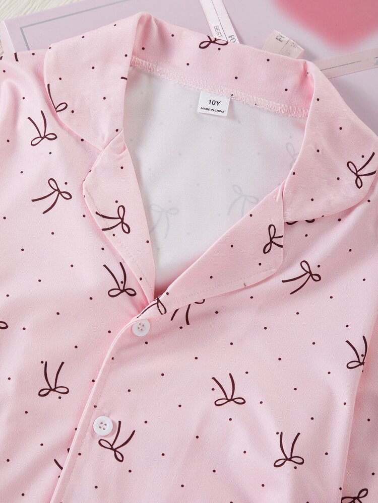 2pcs/Set Girls Casual Simple Cute Brown Polka Dot Bow Print Long Sleeve Cardigan And Pants Lounge Wear Pajamas, Lazy Home Style, Autumn/Winter - Pink - View 9