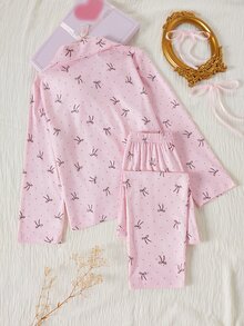 2件組女童休閒簡約可愛棕色圓點蝴蝶結印花長袖開襟衫與長褲居家睡衣，慵懶居家風，秋冬款 - 粉色 - 查看 5
