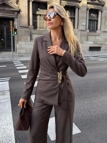Siren Gaze New Autumn Belted Waist-Cinching Suit Set: Metallic-Accented Formal Blazer & High-Waisted Wide-Leg Trousers | Workwear/Date Night - Brown - View 3