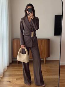 Siren Gaze New Autumn Belted Waist-Cinching Suit Set: Metallic-Accented Formal Blazer & High-Waisted Wide-Leg Trousers | Workwear/Date Night - Brown - View 11
