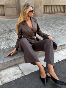 Siren Gaze New Autumn Belted Waist-Cinching Suit Set: Metallic-Accented Formal Blazer & High-Waisted Wide-Leg Trousers | Workwear/Date Night - Brown - View 5