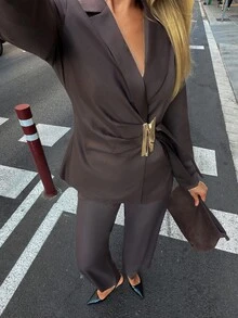 Siren Gaze New Autumn Belted Waist-Cinching Suit Set: Metallic-Accented Formal Blazer & High-Waisted Wide-Leg Trousers | Workwear/Date Night - Brown - View 6
