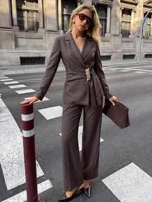 Siren Gaze New Autumn Belted Waist-Cinching Suit Set: Metallic-Accented Formal Blazer & High-Waisted Wide-Leg Trousers | Workwear/Date Night - Brown - View 9