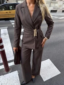 Siren Gaze New Autumn Belted Waist-Cinching Suit Set: Metallic-Accented Formal Blazer & High-Waisted Wide-Leg Trousers | Workwear/Date Night - Brown - View 4