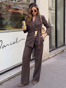 Siren Gaze New Autumn Belted Waist-Cinching Suit Set: Metallic-Accented Formal Blazer & High-Waisted Wide-Leg Trousers | Workwear/Date Night - Brown - View 8