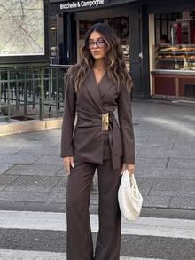 Siren Gaze New Autumn Belted Waist-Cinching Suit Set: Metallic-Accented Formal Blazer & High-Waisted Wide-Leg Trousers | Workwear/Date Night - Brown - View 1