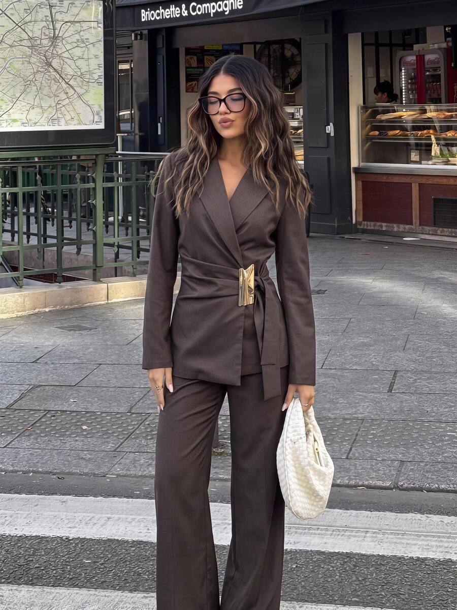 Siren Gaze New Autumn Belted Waist-Cinching Suit Set: Metallic-Accented Formal Blazer & High-Waisted Wide-Leg Trousers | Workwear/Date Night - Brown - View 1