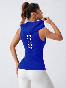 Gameset SHEIN Sport 女款運動連帽運動衫 瑜珈跑步健身運動緊身無袖上衣 休閒網格拼接修身V領運動衫 - 寶藍色 - 查看 3