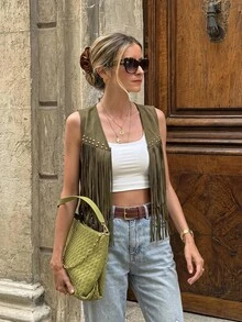 Brillora Fringe Trim Open Front Vest Summer Jacket In Fall/Winter - Army Green - View 1