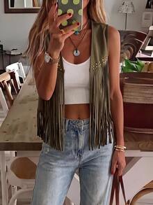 Brillora Fringe Trim Open Front Vest Summer Jacket In Fall/Winter - Army Green - View 13