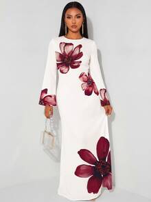 Veilorie Elegant Mature Long-Sleeved Flared Dress With A Belted Back And Fishtail Hem For Women Wedding Dinner Date Party White Floral Autumn - White - View 4