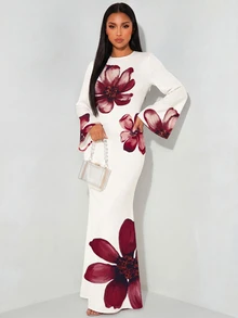 Veilorie Elegant Mature Long-Sleeved Flared Dress With A Belted Back And Fishtail Hem For Women Wedding Dinner Date Party White Floral Autumn - White - View 1