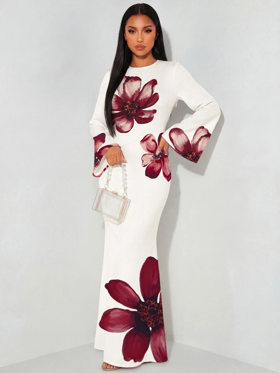 Veilorie Elegant Mature Long-Sleeved Flared Dress With A Belted Back And Fishtail Hem For Women Wedding Dinner Date Party White Floral Autumn - White - View 1