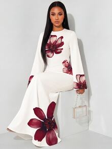 Veilorie Elegant Mature Long-Sleeved Flared Dress With A Belted Back And Fishtail Hem For Women Wedding Dinner Date Party White Floral Autumn - White - View 8
