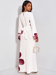 Veilorie Elegant Mature Long-Sleeved Flared Dress With A Belted Back And Fishtail Hem For Women Wedding Dinner Date Party White Floral Autumn - White - View 2
