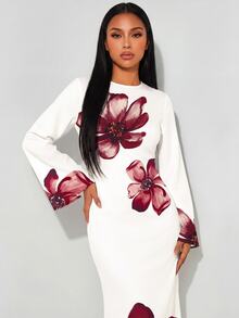 Veilorie Elegant Mature Long-Sleeved Flared Dress With A Belted Back And Fishtail Hem For Women Wedding Dinner Date Party White Floral Autumn - White - View 3
