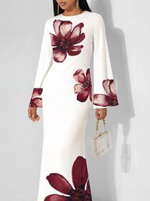 Veilorie Elegant Mature Long-Sleeved Flared Dress With A Belted Back And Fishtail Hem For Women Wedding Dinner Date Party White Floral Autumn - White - View 6