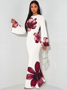 Veilorie Elegant Mature Long-Sleeved Flared Dress With A Belted Back And Fishtail Hem For Women Wedding Dinner Date Party White Floral Autumn - White - View 7