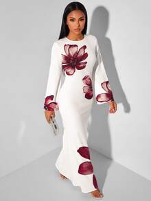 Veilorie Elegant Mature Long-Sleeved Flared Dress With A Belted Back And Fishtail Hem For Women Wedding Dinner Date Party White Floral Autumn - White - View 5
