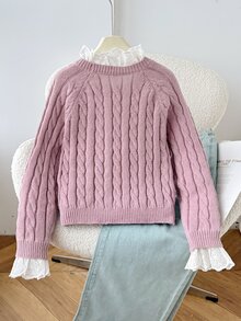 SHEIN 女童秋冬休閒保暖內裡加厚拼接刺繡蕾絲飾邊寬鬆落肩長袖套頭毛衣，甜粉色返校兒童毛衣，秋冬款 - 粉色 - 查看 3
