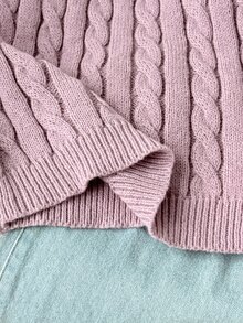 SHEIN 女童秋冬休閒保暖內裡加厚拼接刺繡蕾絲飾邊寬鬆落肩長袖套頭毛衣，甜粉色返校兒童毛衣，秋冬款 - 粉色 - 查看 8