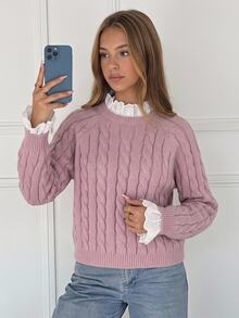 SHEIN 女童秋冬休閒保暖內裡加厚拼接刺繡蕾絲飾邊寬鬆落肩長袖套頭毛衣，甜粉色返校兒童毛衣，秋冬款 - 粉色 - 查看 5