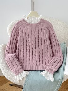 SHEIN 女童秋冬休閒保暖內裡加厚拼接刺繡蕾絲飾邊寬鬆落肩長袖套頭毛衣，甜粉色返校兒童毛衣，秋冬款 - 粉色 - 查看 2