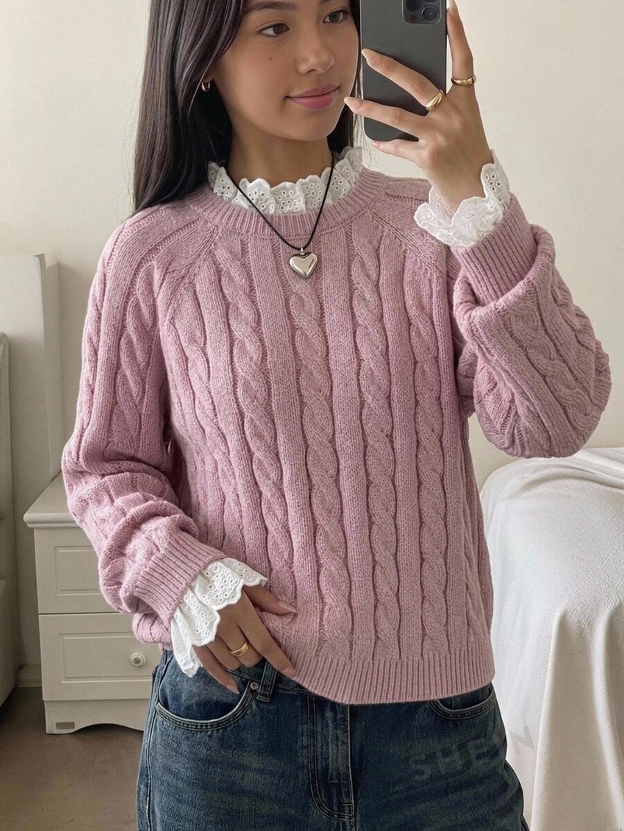 SHEIN 女童秋冬休閒保暖內裡加厚拼接刺繡蕾絲飾邊寬鬆落肩長袖套頭毛衣,甜粉色返校兒童毛衣,秋冬款 - 粉色 - 查看 1