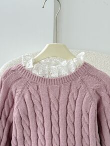 SHEIN 女童秋冬休閒保暖內裡加厚拼接刺繡蕾絲飾邊寬鬆落肩長袖套頭毛衣，甜粉色返校兒童毛衣，秋冬款 - 粉色 - 查看 7