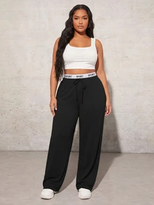 SHEIN PETITE CURVE Celana Olahraga Ukuran Besar dengan Pita Pinggang Berbentuk Huruf - Hitam - View 3