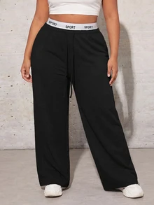 SHEIN PETITE CURVE Celana Olahraga Ukuran Besar dengan Pita Pinggang Berbentuk Huruf - Hitam - View 5